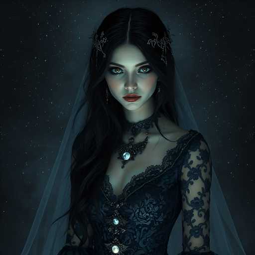 The image depicts a young woman, possibly in her late teens or early twenties, with long, dark hair that cascades down to her chest. She is adorned in a dark blue, lacy dress that features intricate floral patterns and a deep V-neckline, revealing a hint of cleavage. The dress is complemented by a choker necklace with a prominent blue gemstone at its center, and additional blue gems embellish the neckline. Her makeup is striking, with bold red lipstick and heavy eye makeup that accentuates her large, expressive eyes. She wears a sheer white veil that drapes elegantly behind her head. The background is a dark, starry night sky, adding a mystical and ethereal quality to the scene. The overall composition suggests she might be a bride, though the dark and somewhat eerie atmosphere gives it a unique, almost gothic feel.