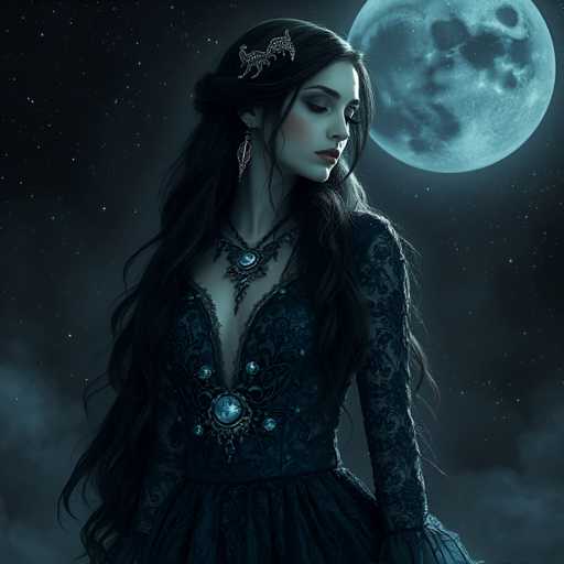 A woman with long dark hair is standing under a full moon on the right side of the image. She is wearing a black dress adorned with blue jewels and has a crown on her head. The background features a dark sky filled with stars.