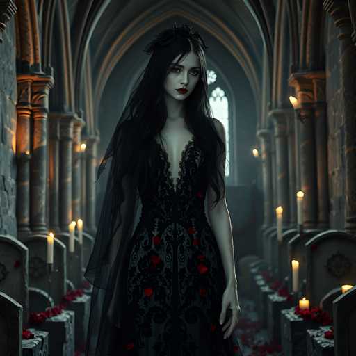 The image depicts a gothic scene set within a dimly lit church. At the center stands a pale-skinned woman with long, dark hair cascading down to her waist. She wears a black lace dress adorned with red roses, which plunges deeply in the front, and a sheer black veil drapes over her head. Her lips are painted a striking red, and her eyes, possibly blue, gaze directly at the viewer. The church's interior features stone walls and arched ceilings, with rows of stone pews on either side. Each pew is adorned with lit candles, casting a warm glow that contrasts with the overall dark ambiance. The floor is scattered with rose petals, adding to the somber yet romantic atmosphere. In the background, a large arched window with intricate designs allows some light to filter through, illuminating the scene subtly. The entire composition exudes a gothic and slightly eerie vibe, reminiscent of a Halloween setting.