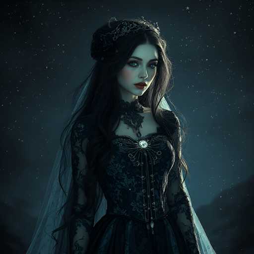 The image depicts a young woman with long, dark hair cascading down to her waist, styled in a half-up, half-down manner with the top half pulled back. She wears a delicate silver tiara adorned with intricate designs, and a sheer white veil drapes elegantly from the back of her head. Her complexion is fair, and she has striking blue eyes accentuated by dark eyebrows and red lips. She is dressed in a black, lacy gown that features a corset-like bodice with a central zipper and a high collar. The dress is embellished with a silver pendant at the center of her chest, from which several chains and beads dangle. The background is a dark, starry night sky, with the silhouettes of mountains visible at the bottom, adding to the ethereal and gothic atmosphere of the scene.