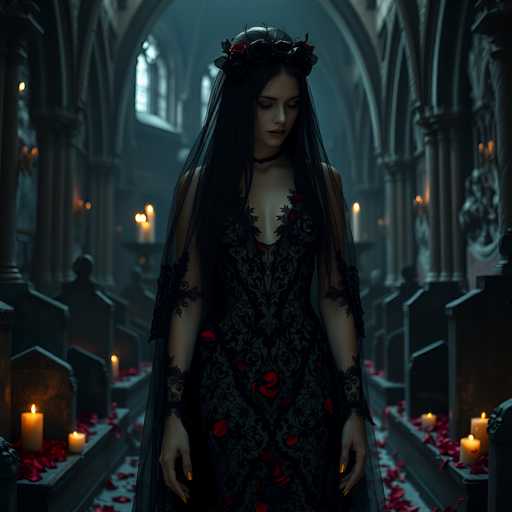 In this hauntingly beautiful image, a woman stands solemnly in the center of a dimly lit church. She is adorned in a striking black dress, intricately detailed with lace and red roses, which features a deep V-neckline and long sleeves. Her arms are bare from the elbows down, and her dress is complemented by a sheer black veil that cascades from her head to her waist. Her long, dark hair is crowned with a delicate wreath of red roses, adding a touch of macabre elegance to her appearance. Her eyes are cast downward, and her lips are painted a deep red, enhancing the somber mood.

The church around her is shrouded in darkness, with only the flickering light of numerous candles illuminating the space. These candles are placed on the ledges of the rows of seats, casting a warm, ethereal glow that contrasts with the surrounding shadows. The floor is strewn with red rose petals, further accentuating the gothic and mysterious atmosphere. The overall scene is both beautiful and eerie, capturing a moment of quiet reverence and melancholy.