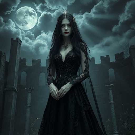 In this eerie, gothic scene, a pale-skinned woman stands in front of a grand, abandoned castle. She is dressed in a long, black gown with intricate lace sleeves and a deep V-neckline that reveals her cleavage. Her long, dark hair cascades down to her waist, adorned with a silver star-like ornament at the top. A delicate necklace graces her neck, and her lips are painted a striking red. Her hands are clasped together in front of her, and a black cape flows behind her. The castle's stone walls, punctuated by arched windows and columns, loom in the background. The sky above is dark and cloudy, with a full moon casting an ethereal glow, creating a haunting atmosphere.
