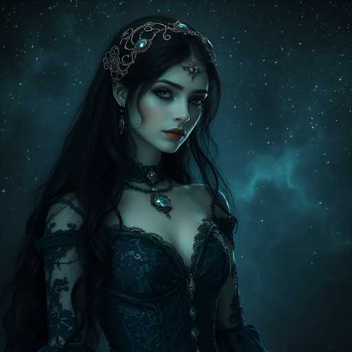 The image portrays a young woman, possibly in her late teens or early twenties, with long, dark brown hair cascading down to her waist. She is adorned in a gothic-style outfit, featuring a black corset with intricate lace details and a choker necklace. Her attire is complemented by a headpiece that resembles a tiara, embellished with jewels and a prominent red gem on her forehead. The woman's makeup is striking, with bold red lipstick and heavy eye makeup, enhancing her pale complexion. She gazes directly at the camera with a serious expression. The background is a dark, starry night sky, filled with numerous stars and a faint, ethereal light that adds a mystical atmosphere to the scene. The overall color palette of the image is dominated by shades of black, blue, and gray, contributing to its gothic and somewhat eerie aesthetic.
