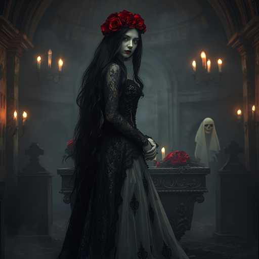 The image depicts a woman wearing a long black dress with a red rose crown on her head and holding a bouquet of roses. The setting appears to be a dark room or cave-like space, with candles providing light in the background. A ghostly figure can also be seen in the distance.