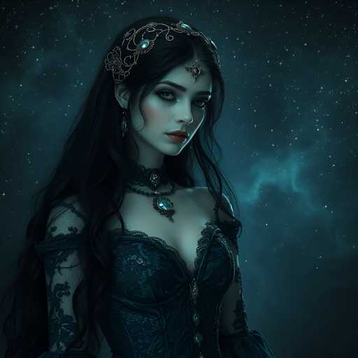 A woman with long dark hair is the central figure in this digital illustration. She is wearing a black dress adorned with intricate lace detailing and a large headpiece featuring a large gemstone at its center. The background of the image is a deep blue color that appears to be night sky, filled with stars.