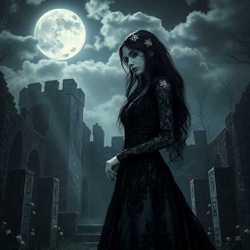 In this dark, gothic scene, a woman stands in a graveyard at night, her long, flowing black hair adorned with silver stars. She wears a black lace dress with intricate floral patterns, and her pale hands are clasped in front of her. The moon, large and luminous, casts a silvery glow over the entire setting, highlighting the clouds in the sky. Behind her looms a grand, gray stone castle with a tall, arched tower and a smaller structure with a chimney. The graveyard features several headstones, one marked with the number 12 and another with 87. The scene is framed by bare, leafless trees, adding to the eerie atmosphere.