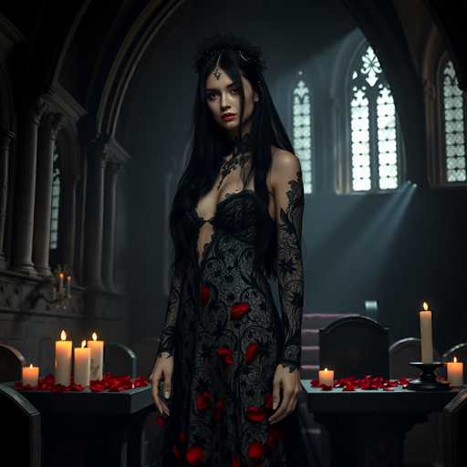 A woman in a dark, ornate black lace gown adorned with red roses stands in a dimly lit gothic cathedral. She has long, dark hair and is wearing a black crown with a jeweled centerpiece. The room is filled with candles, casting a soft glow on the scene. She looks directly at the viewer with a serious expression. The background is blurred, but we can see gothic arches and stained-glass windows in the distance.