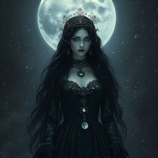 The image depicts a gothic, AI-generated woman with long, dark hair cascading past her waist. She wears a black dress adorned with intricate lace sleeves and a lace belt featuring a prominent silver medallion. Her dress has a deep neckline, revealing some cleavage, and is embellished with silver jewelry, including a choker with a large medallion and dangling earrings. Atop her head sits a black crown with floral designs. Her makeup is striking, with dark red lipstick and heavy eye makeup, and her skin has a pale, grayish tone. The background is a starry night sky with a large, full moon partially obscured by her head, casting a soft glow over the scene. The overall color palette is dominated by black, gray, and silver, with the moon providing the only significant source of light.