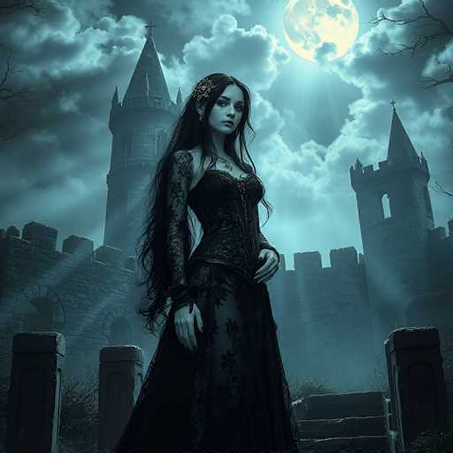 In this detailed, computer-generated image, a young woman stands in front of a grand, medieval castle. She is dressed in an elaborate, black, lacy gown with intricate floral patterns and a corset-like bodice. Her long, dark hair cascades down her back, adorned with a silver barrette on the left side. She wears a silver necklace and has silver earrings, adding to her gothic appearance. Her pale skin contrasts with the dark, shadowy ambiance of the scene.

The castle behind her features a prominent central tower with a cross-topped spire, flanked by two smaller towers on either side. The structure is made of gray stone, with a crenellated wall at the base. The sky is filled with dark, ominous clouds, partially obscuring a large, glowing full moon that casts an eerie light over the entire scene. The moonlight illuminates the woman's face and hair, creating a striking contrast against the shadowy surroundings. In the foreground, there are stone pillars and a set of steps leading up to the castle, enhancing the gothic atmosphere of this hauntingly beautiful image.