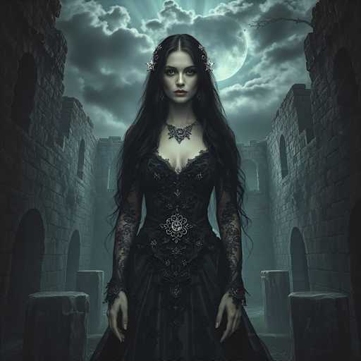 A woman stands in front of a castle made entirely of stone with a large window on the left side and a smaller one on the right. The woman is wearing a long black dress adorned with lace sleeves and a necklace featuring a large pendant.