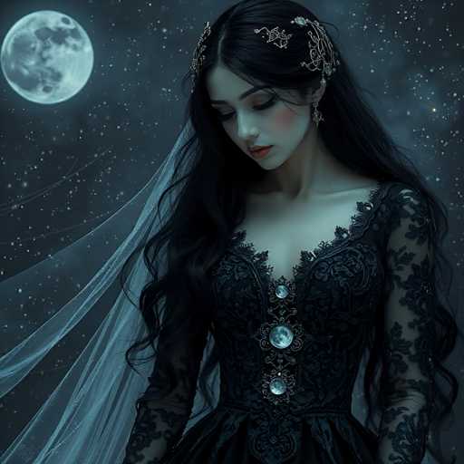 The image depicts a young woman with long, dark hair adorned with an intricate silver headpiece that extends down the sides of her face. She is wearing a black dress with lace sleeves and a lace collar, featuring a front zipper embellished with three silver buttons shaped like the moon. Her dress has a deep neckline, and she is accessorized with dangling earrings. The woman's eyes are closed, and she has a serene expression, looking downward. A sheer white veil cascades from the back of her head. The background is a dark night sky filled with stars, with a prominent full moon in the upper left corner. The overall color palette of the image is dominated by shades of black, white, and gray, with subtle hints of blue and pink.