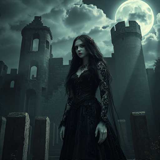 In this dark, gothic scene, a young woman with long, flowing black hair stands in front of an old, dilapidated castle. She wears a long, black dress adorned with intricate lace details on the sleeves and chest, and a black choker around her neck. Her pale skin contrasts starkly with the deep shadows surrounding her. The castle behind her features two prominent towers with broken windows and a stone wall, adding to the eerie atmosphere. The sky is filled with dark, gray clouds, and a full moon casts a dim light over the scene, creating a haunting, almost supernatural ambiance. The overall color palette is dominated by shades of black, gray, and white, enhancing the gothic and mysterious mood of the image.