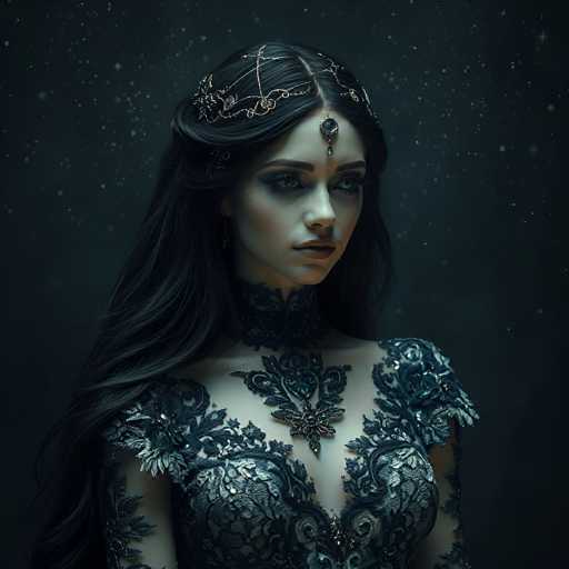 The image depicts a young woman with long, dark hair, styled in an intricate updo with loose strands cascading over her shoulders. She is adorned in a dark, ornate dress that features a deep V-neckline and short sleeves, embellished with intricate floral patterns and lace. A high collar extends up to her neck, adding to the elaborate design of her attire. Her makeup is striking, with dark eyeshadow and lipstick that complements her pale skin. A golden headpiece, resembling a crown or tiara, sits atop her head, adorned with a central jewel that dangles between her eyebrows. The background is a dark, starry night sky, enhancing the mystical and ethereal quality of the scene. The overall color palette of the image is dominated by dark blues, greens, and blacks, giving it a gothic and fantastical atmosphere.
