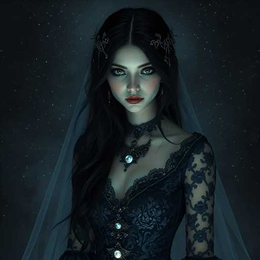 The image depicts a woman with long dark hair wearing a black lace dress and a necklace of blue jewels. She is looking directly at the camera with an intense gaze. The background features a dark blue sky filled with stars, creating a sense of depth and mystery.