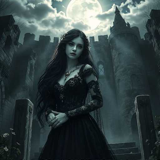The image depicts a gothic scene featuring a pale woman with long, dark hair adorned with flowers. She stands in front of a grand, gray stone castle with a prominent turret and arched windows. The woman is dressed in a black, lacy gown with intricate details, including a deep V-neck and long sleeves that extend to her wrists. A silver necklace with a large pendant graces her neck. Her hands are clasped in front of her, and she gazes directly at the viewer with a serious expression. The background is dominated by a full moon, partially obscured by clouds, casting a dim light over the scene. The overall atmosphere is dark and mysterious, with a color palette of black, gray, and subtle hints of blue and green.
