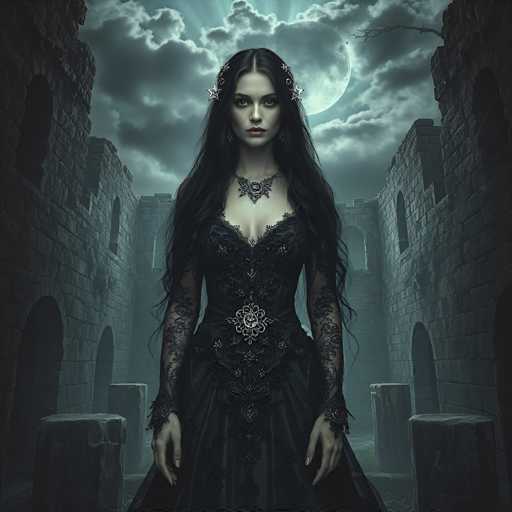 The image depicts a striking gothic scene featuring a woman standing in the center of a dilapidated castle courtyard. She has long, dark hair cascading down to her waist, adorned with star-shaped hair accessories. Her pale skin contrasts sharply with her dark attire, which includes a low-cut, lacy black dress and a matching choker necklace. The dress is intricately detailed with lace sleeves and a silver belt at the waist. Her lips are painted a deep red, adding to her enigmatic presence. The background reveals crumbling stone walls with arched windows and doorways, some of which are open, allowing light to filter through. The sky above is filled with dark, ominous clouds, partially obscuring a large, glowing moon that casts an eerie light over the scene. The overall atmosphere is one of mystery and foreboding, with the woman's intense gaze adding to the haunting ambiance.