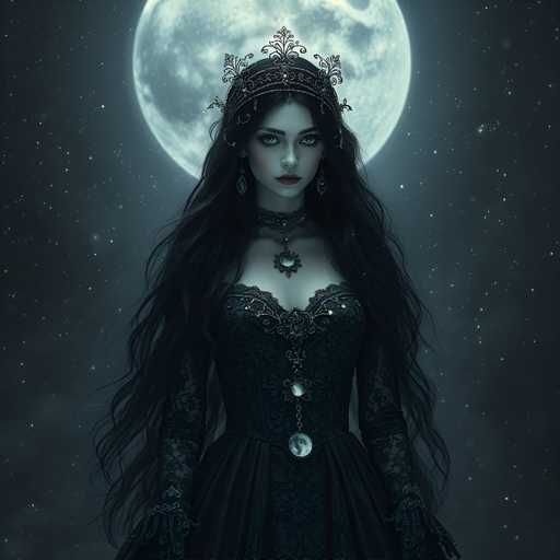 A woman with long dark hair is standing against a backdrop of a full moon and stars. She is wearing a black dress adorned with gold accents and a crown on her head. The image has a digital or 3D style to it, giving the impression that she is in front of a large screen or projection.