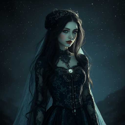 A woman with long dark hair is standing against a backdrop of stars and clouds. She is wearing a black dress adorned with gold accents and a crown on her head. The image has a dreamy, ethereal quality to it, with the woman's gaze directed off to the side.