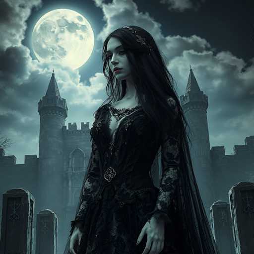 The image depicts a gothic scene featuring a pale-skinned woman with long, dark hair adorned with a floral headband. She is dressed in an elaborate, black gothic gown with intricate lace details and a deep neckline, complemented by a sheer black veil. Her lips are painted a striking red, and her fingernails are also red. The woman stands in a graveyard, surrounded by tall, ornate headstones, with her gaze directed to the left. Behind her looms a grand, dark gray castle with two prominent towers, under a night sky filled with clouds. A large, luminous full moon casts an eerie glow over the entire scene, enhancing the gothic atmosphere.