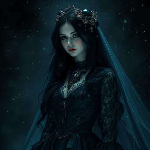 The image portrays a young woman with long, dark hair cascading down to her waist, adorned with a silver crown featuring blue jewels. She wears a sheer, white veil that drapes elegantly behind her. Her attire is a dark blue, lacy dress with a deep V-neck, complemented by a large, ornate necklace with a prominent blue jewel. The background is a starry night sky, with a gradient from dark black at the edges to a lighter blue near her, enhancing the ethereal and mystical aura of the scene. Her pale complexion and striking red lips add to the dramatic and otherworldly feel of the image.