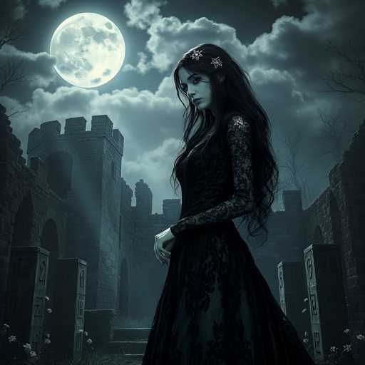 The image depicts a woman standing in front of an old stone castle with a large full moon behind her. The woman is wearing a long black dress and has dark hair styled in loose waves. She holds a small white object in her hand.