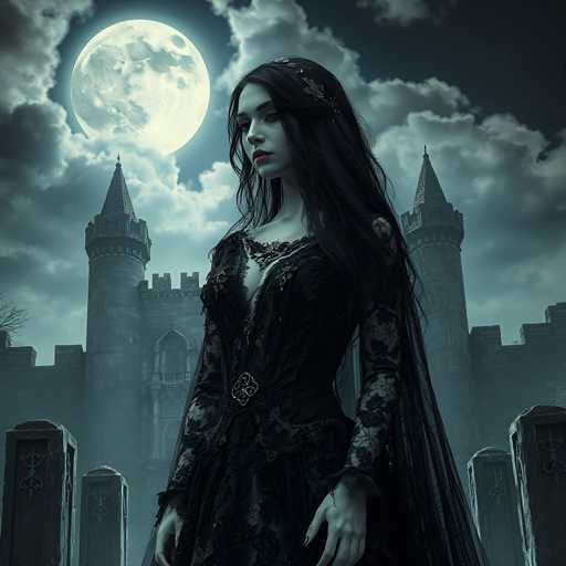 A woman stands in front of a castle with two towers and a moat, wearing a black dress with a gold brooch on her neck. The sky is dark blue with white clouds, and the moon is visible in the background.