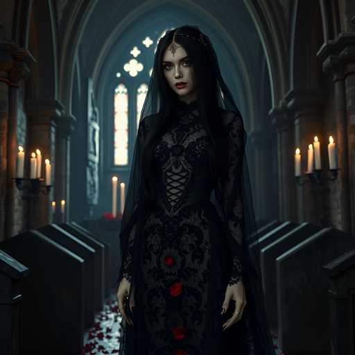 A woman stands in a dimly lit room with arched windows and stone walls, wearing a black dress adorned with red roses on the bodice and a veil covering her face. She holds a candle in each hand as she gazes directly at the camera.