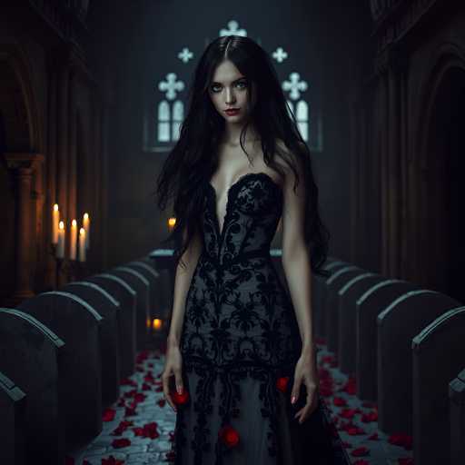 In this AI-generated image, a woman stands in the center of a dimly lit church, exuding an eerie and mysterious aura. She has long, dark hair cascading down to her waist and wears a revealing black dress adorned with intricate lace patterns. The dress features a plunging neckline that extends down to her belly button, and it is sleeveless, highlighting her bare arms. Her dress is embellished with red roses, which she holds in her hands, and additional red petals are scattered on the stone floor around her. The church's interior is characterized by rows of gray pews on either side, and a wall of windows with crosses at the top, through which light filters into the space. To the left, a candelabra holds four lit candles, casting a warm glow. The overall atmosphere is dark and haunting, with the woman's intense gaze directed straight at the viewer, enhancing the unsettling vibe of the scene.