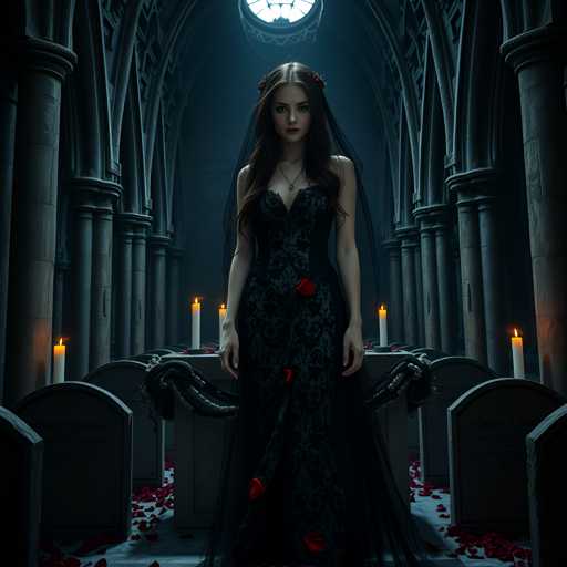 A woman stands in front of a church with a large window and rose-adorned tombstones. She is wearing a black dress with red roses on the bodice and a veil over her head. The tombstones are decorated with roses and other flowers.