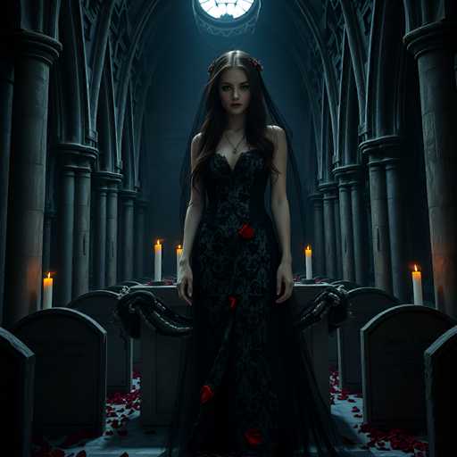 The image depicts a young woman standing in a dimly lit, gothic-style church or cathedral. She is dressed in a long, black, lacy dress adorned with red roses, and a black veil drapes over her head. Her long, dark brown hair cascades down, and she wears a necklace with a pendant. The church's interior features tall, gray stone columns and arched ceilings, with a circular window at the top allowing light to filter through. The floor is covered with red rose petals, and rows of gray tombstones with rounded tops are arranged in the background. Candles in white holders are placed on the tombstones, casting a soft glow. The overall atmosphere is dark and mysterious, with the woman's serious expression adding to the eerie ambiance.