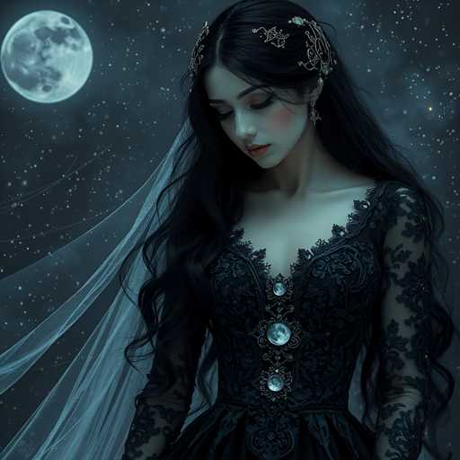 A woman with long dark hair wearing a black dress adorned with lace and jewels stands against the backdrop of a full moon and stars.