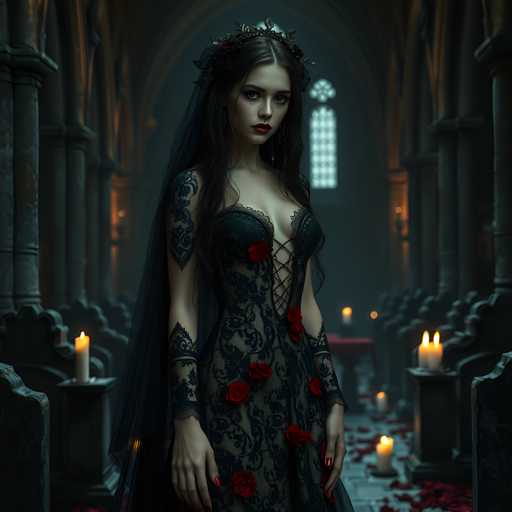 A woman stands in a dimly lit room with stone columns and arches, wearing a black lace dress adorned with red roses and a crown on her head. She holds a candle in each hand as she gazes directly at the camera.