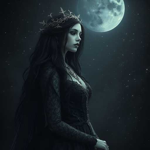 A woman with long dark hair is standing against a backdrop of a full moon and stars. She is wearing a black dress adorned with gold accents and a crown on her head. The image has a digital or 3D style to it, giving the impression that she is in space.