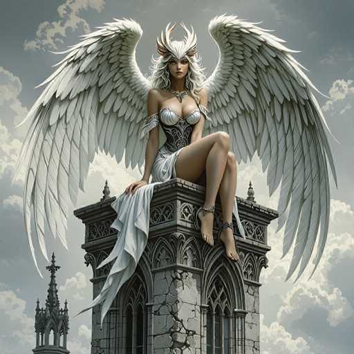 A captivating fantasy illustration depicts a striking female angel perched atop a grand, gothic-style tower. The tower, constructed from gray stone, features intricate carvings and arched windows, with a prominent cross-topped spire visible in the background. The angel, with long, flowing white hair, gazes directly at the viewer. She wears a distinctive white headpiece adorned with two upward-pointing horns and a silver necklace. Her attire includes a bustier-style top and a short skirt, complemented by silver armbands and anklets. Her bare feet dangle over the edge of the tower, adding to the ethereal quality of the scene. The angel's enormous white wings, with feathers that taper to sharp points, extend majestically behind her, creating a dramatic contrast against the gray sky filled with wispy clouds.