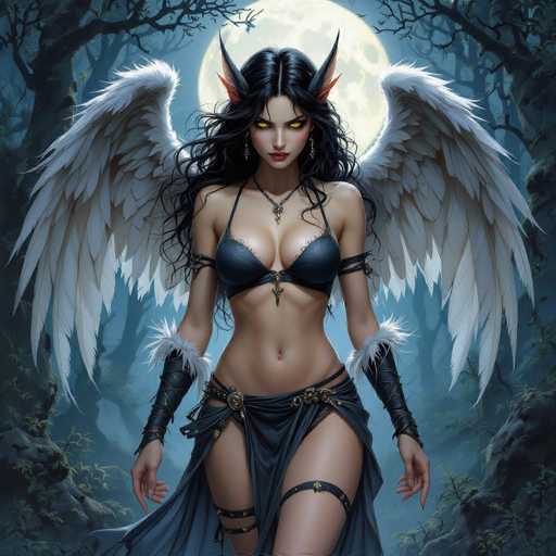 The image depicts a striking, computer-generated female character set against a dark, eerie forest backdrop illuminated by a full moon. She has long, wavy black hair cascading down to her waist and piercing yellow eyes that seem to glow in the moonlight. Her expression is intense, with a hint of a smile and red lips. She wears a black bikini top and a dark blue skirt that falls just above her knees, revealing her toned midriff. Her arms are adorned with black wrist guards featuring white fur trim, and she has a black strap around her upper thighs. She also sports a necklace with a pendant that hangs between her breasts. Her most distinctive features are the large, white feathery wings extending from her back and the orange, horn-like protrusions from her head. The overall scene is shrouded in a dark blue and gray haze, enhancing the mystical and somewhat sinister atmosphere.