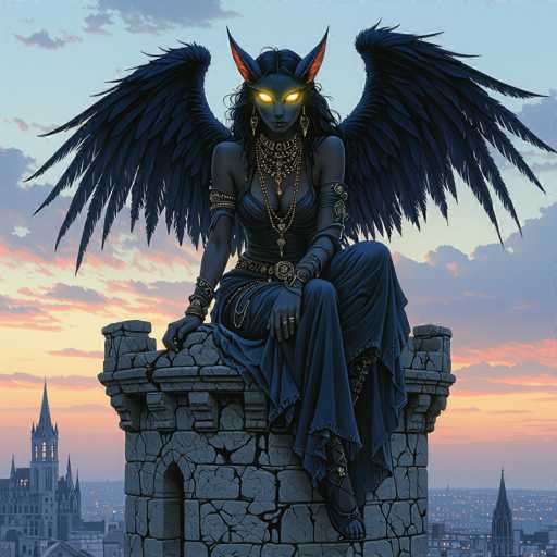 The image depicts a striking, computer-generated scene featuring a dark, gothic character perched on the edge of a crumbling stone tower. The character, with a distinctly feminine appearance, has long, flowing black hair and piercing yellow eyes that glow ominously. She is adorned with large, black wings that extend behind her, and her ears are pointed, with the inner ear highlighted in a vivid red. Her attire is equally dramatic, consisting of a low-cut black dress that reveals her shoulders and chest, complemented by a flowing black skirt. She wears numerous gold necklaces and bracelets, adding a touch of opulence to her otherwise menacing look. Her hands are covered in black gloves, and she is barefoot, with her feet dangling precariously over the edge of the tower. The backdrop features a cityscape at dusk, with the sky transitioning from light blue to pink and purple hues. The stone tower she sits on is visibly weathered, with cracks and signs of deterioration, enhancing the overall atmosphere of decay and mystery.