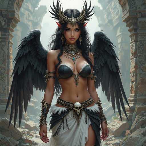 A woman with long dark hair and a black feathered headdress stands in front of an ancient stone archway, wearing a white dress and gold jewelry.