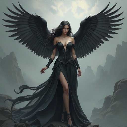 The image depicts a striking, computer-generated female character with large, black wings extending from her back. She has long, flowing black hair adorned with a white flower on the left side. Her attire is a revealing black dress that accentuates her cleavage, with straps that extend over her shoulders. The dress features a high slit on the right side, revealing her leg, and is complemented by black, strappy sandals. She also wears black wristbands that reach up to her elbows. The character stands on a rocky surface, with a backdrop of a gray, cloudy sky and distant mountains, adding to the dramatic and ethereal atmosphere of the scene.