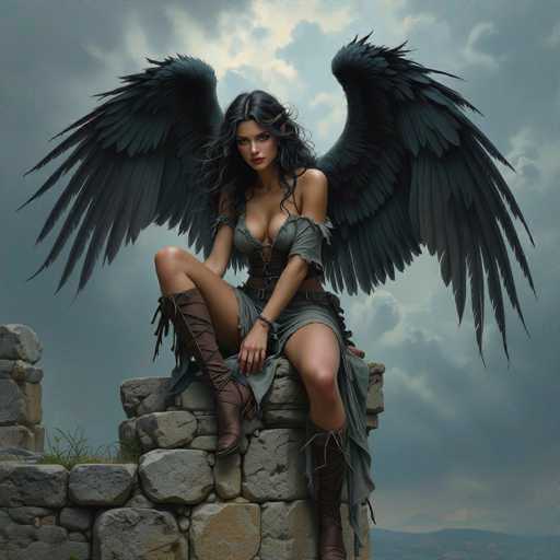 The image depicts a striking, AI-generated fantasy character of a woman with dark, wavy hair cascading down her shoulders. She is seated on a stone wall, her right leg bent with her foot resting on the wall, while her left leg dangles off the edge. She is dressed in a revealing gray outfit that includes a corset-like top, a short skirt, and tall brown leather boots that reach up to her thighs. Her attire is accentuated by a belt around her waist and a bracelet on her left wrist. The character's most captivating feature is her large, black wings that spread out behind her, adding to her ethereal appearance. She gazes directly at the viewer with a serious expression, her lips painted a vivid red. The background showcases a dramatic, stormy sky filled with dark gray clouds, with a hint of blue peeking through. In the distance, a mountain range is faintly visible, adding depth to the scene. The overall composition and details suggest that this image is a high-quality digital artwork, likely created using advanced AI techniques.