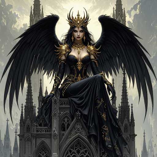The image depicts a striking, AI-generated fantasy scene featuring a powerful female figure seated on a grand throne. The central character is a woman adorned in an elaborate black and gold dress, complemented by a matching cape. Her attire is accentuated with intricate gold details, including shoulder pads and a chest plate. She wears a golden crown that resembles a crown of thorns, adding to her regal yet menacing appearance. Her long black hair cascades down, framing her face, which is highlighted by bold red lipstick.

The woman's most captivating feature is her pair of large, black angel wings that extend majestically from her back. She sits confidently on the throne, one leg crossed over the other, exuding an aura of authority and strength. The background reveals a towering, gothic-style castle with numerous spires and crosses, rendered in shades of gray. The sky above is a dramatic mix of dark clouds and patches of white, enhancing the overall mystical and ominous atmosphere of the scene.