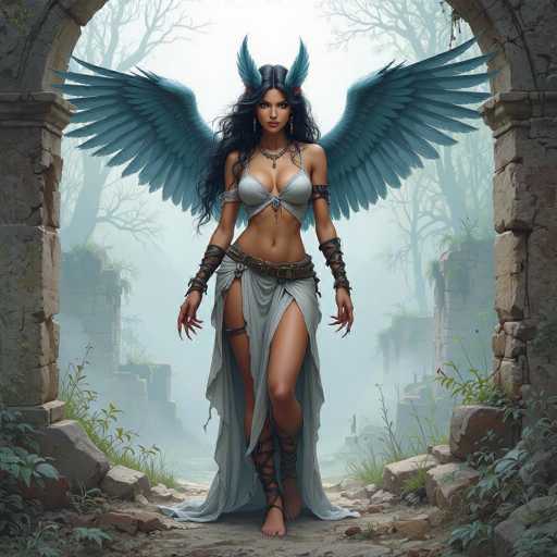 The image depicts a striking fantasy character, a woman with long, dark hair cascading down to her waist. She stands barefoot in a stone archway, framed by a misty, foggy forest with tall, leafless trees in the background. Her attire is a blend of ancient and mystical elements: she wears a grayish-blue, strappy bra top that exposes her midriff, and a flowing skirt that drapes down to her feet. A brown belt cinches her waist, and leather straps wrap around her arms and legs, adding to her warrior-like appearance. Her most captivating feature is the pair of large, light blue wings that extend majestically from her back, complemented by smaller feathered wings on her head. She gazes directly at the viewer with a serious expression, exuding an aura of power and mystery. The overall scene is shrouded in a mystical fog, enhancing the enchanting and otherworldly atmosphere.