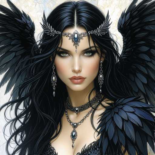 This image portrays a striking, computer-generated or AI-generated woman with long, flowing black hair and piercing green eyes. She is adorned with an intricate silver headband featuring a prominent blue jewel at its center, flanked by leaf-like designs. Her ears are adorned with dangling earrings that also showcase blue jewels. Around her neck, she wears a choker necklace with a central blue jewel, complemented by a longer necklace that extends down to her chest, also adorned with blue jewels. Her attire includes a black, lacy garment that reveals a hint of cleavage. Adding to her ethereal appearance, she has large black wings extending from her back, and a feather-like decoration on her left shoulder. The background is a subtle blend of white and blue hues, enhancing the overall mystical and enchanting aura of the image.