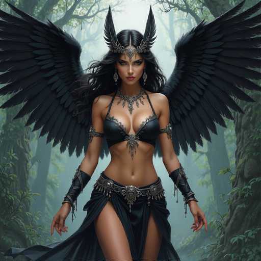 This AI-generated image depicts a striking, winged woman standing in a lush forest. She has long, flowing black hair and is adorned with an elaborate silver headpiece featuring large black wings extending from either side of her head. Her attire includes a black bra and a matching skirt, complemented by a silver belt and armbands. The woman's skin is a light tan, and she has a serious expression on her face. The background showcases a dense forest with tall trees and green foliage, creating a mystical atmosphere. The image is square-shaped, focusing on the woman from her thighs up to her head, with her arms hanging down by her sides.