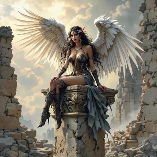This image depicts a highly detailed, computer-generated fantasy scene featuring a striking female character. She is seated on a large, ornate stone pedestal that appears to be part of a grand, ancient structure. The pedestal is intricately carved with elaborate designs, adding to the sense of grandeur and mystery.

The woman has long, flowing black hair that cascades down her shoulders, partially covering her chest. She is adorned with a silver headpiece that resembles a crown, and her ears are pointed, giving her an otherworldly appearance. Her eyes are a deep brown, and her lips are painted a bold red, enhancing her captivating presence.

Her attire is equally elaborate, consisting of a black leather bra that accentuates her figure, and a matching black leather skirt. She wears long, black leather boots that extend up to her thighs, leaving her legs bare. A gray cloth drapes elegantly from her skirt, adding a touch of movement to her poised stance.

Behind her, majestic white wings spread wide, their feathers intricately detailed and adding to her ethereal aura. The background is filled with a mix of blue and gray clouds, with sunlight breaking through, casting a divine glow over the scene. Surrounding her are remnants of ancient stone structures, with broken walls and pillars hinting at a long-forgotten civilization.

The overall atmosphere is one of fantasy and wonder, with the woman exuding an aura of power and mystery in this beautifully crafted digital artwork.