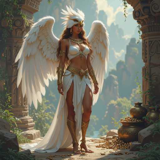 A woman with long brown hair and a white feathered headdress stands on a stone platform surrounded by gold pots filled with nuts. She is wearing a white dress and golden armor that matches the pots around her. The background features lush greenery and towering mountains under a clear blue sky, creating an atmosphere of grandeur and majesty.