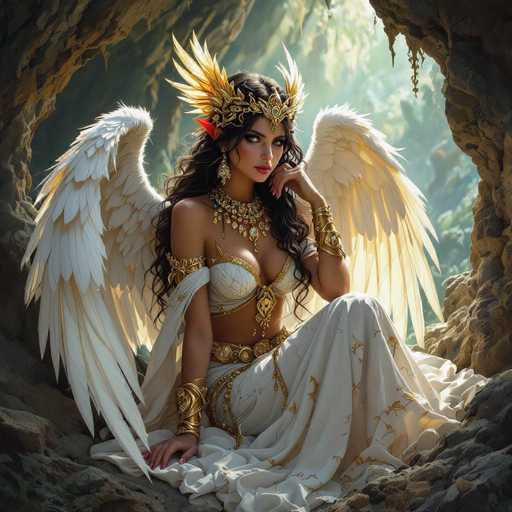 The image depicts a highly detailed, computer-generated or AI-generated fantasy scene featuring a striking female character. She is seated on the ground within a cave, with her left leg bent and her right leg extended. Her long, dark brown hair cascades down her back, complementing her elaborate gold and blue crown adorned with feathers. The character's attire is equally ornate, consisting of a white dress with gold accents, a gold belt, and a gold choker necklace. She also wears gold bracelets on her wrists and a white band around her upper arm. Her wings, which are white and appear to be made of feathers, extend from her back. The character's expression is one of contemplation, with her left hand resting on her chin and her right hand placed on the ground. The background of the image is a blend of light and dark green hues, adding to the mystical atmosphere of the scene.