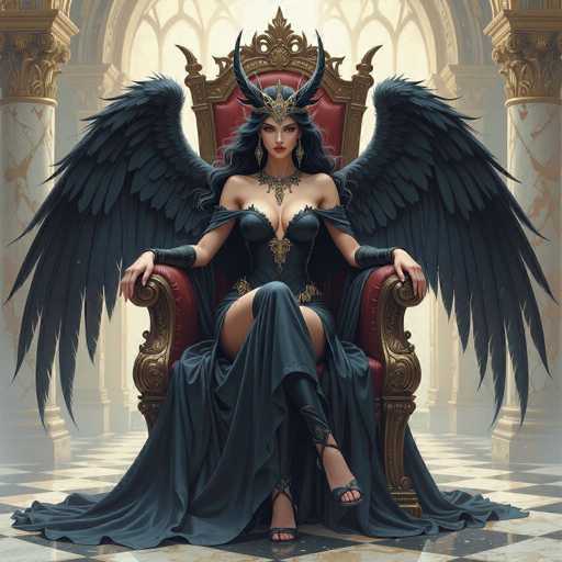 A striking AI-generated image depicts a regal woman seated on an ornate throne. The throne features a plush red cushion and is adorned with intricate gold designs. The woman, who exudes an air of majesty, wears a crown that resembles a pair of horns. Her long, flowing black hair cascades down her back, complementing her elaborate attire. She is dressed in a form-fitting black dress that accentuates her figure, with a flowing cape draped over her arms. Her ensemble is completed by a pair of black high heels. The background reveals a grand, castle-like setting with majestic columns and an arched window, adding to the overall sense of grandeur and fantasy.