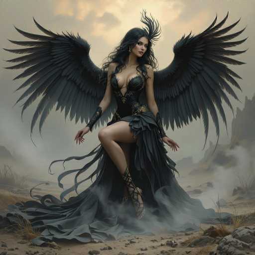 The image depicts a striking, computer-generated fantasy character of a woman with long, dark hair and large, black wings that resemble those of a bird of prey. She is dressed in a revealing black corset with a V-shaped cutout at the bottom, paired with a flowing black skirt that drapes to the ground. Her ensemble is accentuated by black armbands and a gold belt. The character's pose is dynamic, with one leg bent and her foot resting on her thigh, while the other leg is straight. She stands on a sandy, rocky terrain with sparse vegetation, and the background features a misty, gray sky with hints of yellow, suggesting a sunrise or sunset. The overall scene is shrouded in fog, adding to the ethereal and mystical atmosphere of the image.