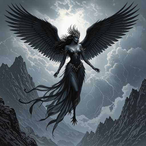 The image depicts a striking, computer-generated scene of a female angel floating in the sky. She has large, dark gray wings that extend from her back, and her long, flowing black hair is adorned with a crown. Her attire includes a black corset-like top and a flowing, tattered skirt that billows around her legs. The angel's arms are outstretched, and her fingers are splayed, adding to her ethereal presence. The background features a dramatic, stormy sky with dark gray clouds and lightning bolts streaking across. Below her, jagged mountain peaks rise on either side, framing the scene and enhancing the sense of her majesty and power. The overall composition is rendered in shades of gray, black, and white, emphasizing the angel's otherworldly beauty against the tumultuous backdrop.
