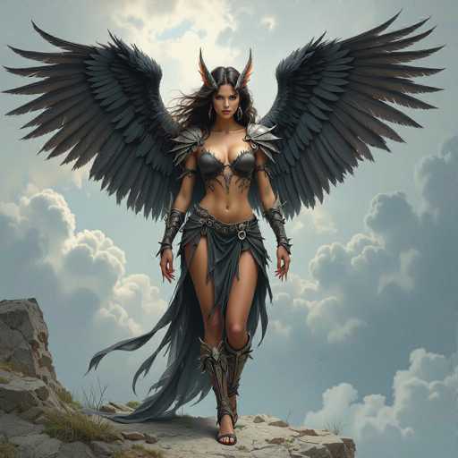This image depicts a striking fantasy character, likely AI-generated, standing on a rocky cliff with a dramatic sky in the background. The character is a woman with long, flowing brown hair, adorned with large, ornate horns that are black with orange accents. She has a fierce, determined expression on her face, highlighted by her large hoop earrings.

Her attire is a blend of battle-worn and mystical elements. She wears a gray, battle bra that leaves her midriff exposed, and a flowing gray skirt that extends down to her feet, with a tail-like extension trailing behind her. Her arms are protected by metal bracers, and she has a belt with a prominent buckle around her waist. On her feet, she wears tall, metal boots that reach up to her knees, adding to her formidable appearance.

The woman's wings are expansive and majestic, with a gradient of gray feathers that transition to black at the tips. These wings are spread wide, giving her an imposing and powerful presence. The overall scene is set against a backdrop of a cloudy sky, with hints of blue peeking through, enhancing the ethereal and fantastical atmosphere of the image.